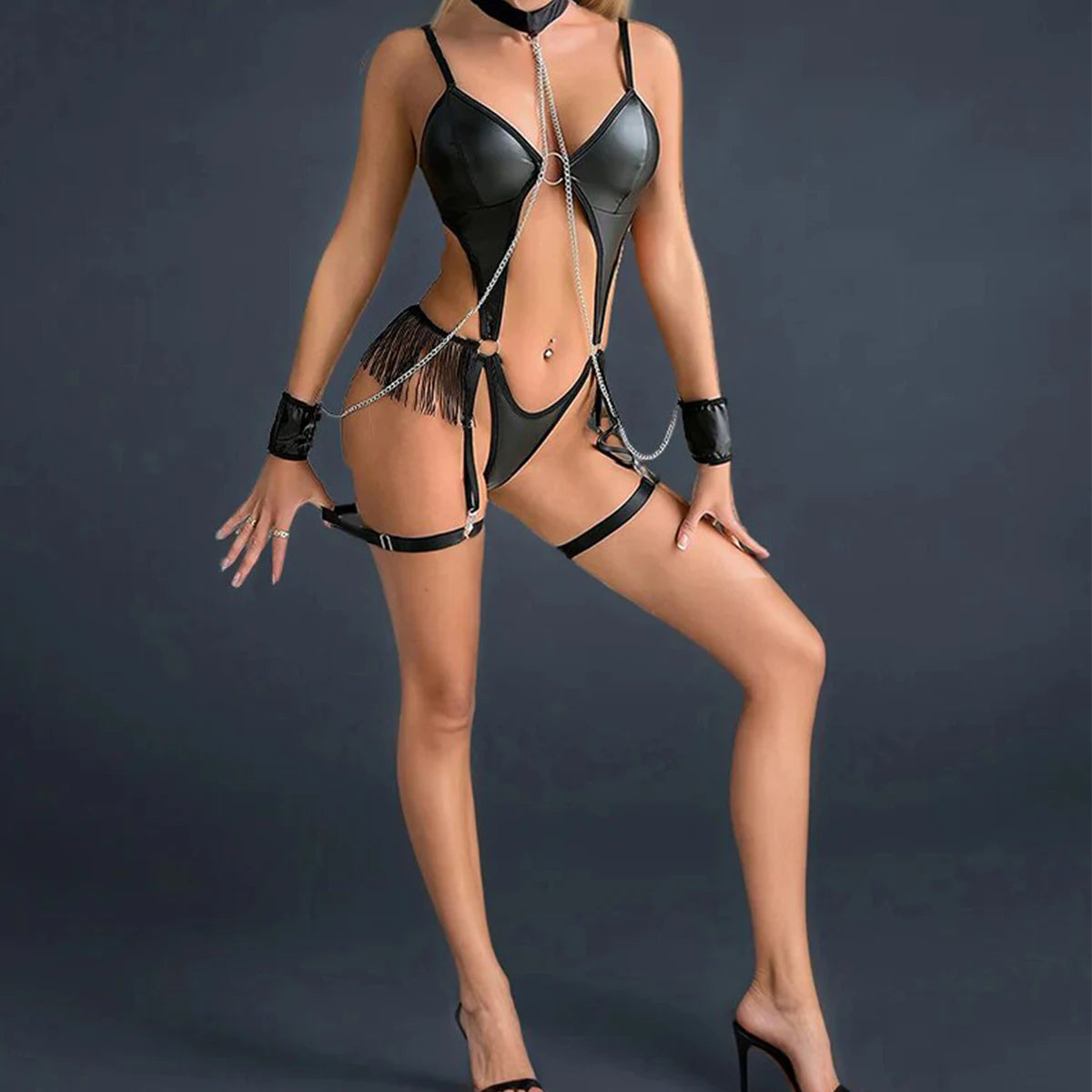 PU Leather Bodysuit with Handcuff Choker