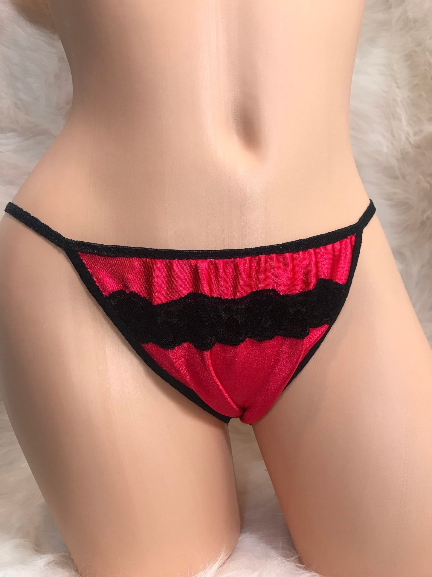 Red and black Nylon Satin String bikini MADE TO ORDER