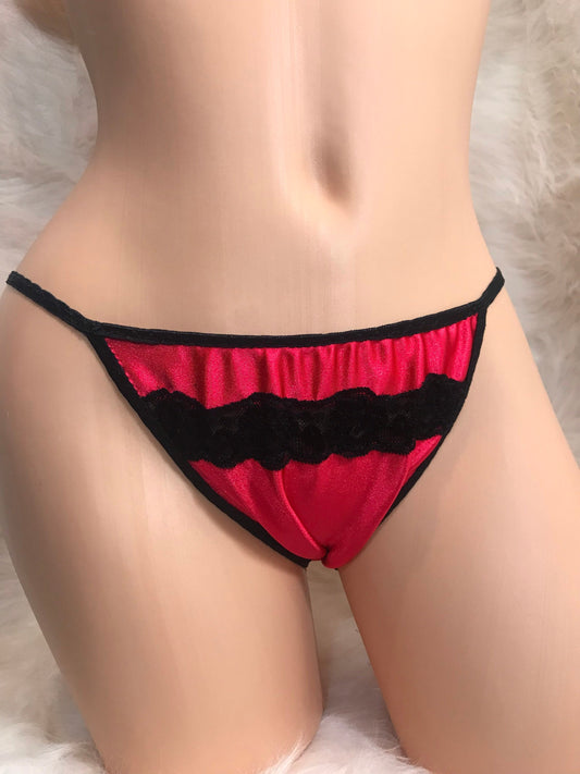 Red and black Nylon Satin String bikini MADE TO ORDER